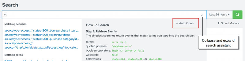 This screen image shows the search assistant in Full mode. The Auto Open button is highlighted and the collapse and expand button is identified on the right side of the Search bar.